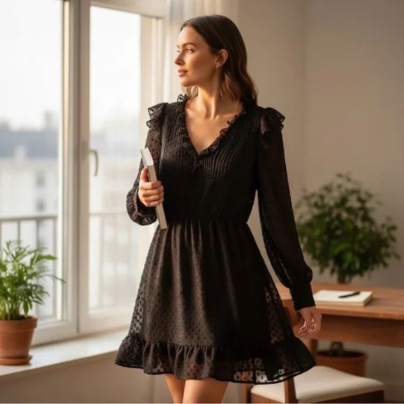 Zara Black Long Sleeve Dress size M Lace short dress cocktail dress - Picture 7 of 7